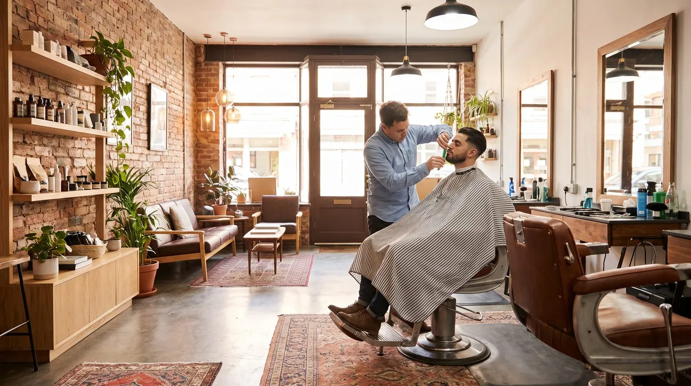Un barbiere in piedi che rifinisce la barba a un cliente seduto sulla poltrona, in una barberia con muri di mattoni e la vetrina sul fondo
