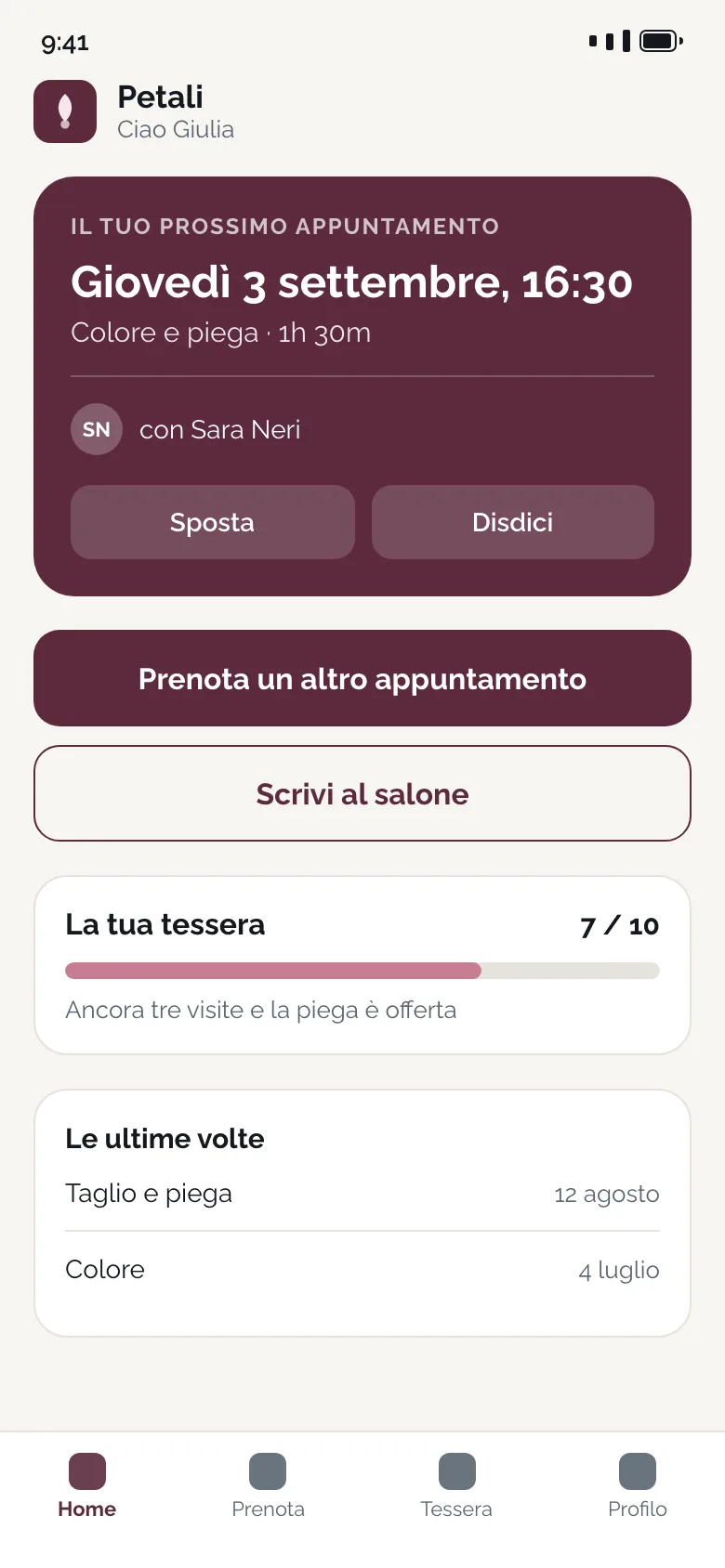 La schermata iniziale dell’app con il prossimo appuntamento e quelli passati