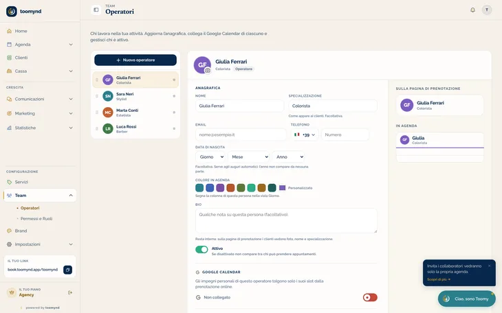 La pagina degli operatori dentro Toomynd, con il team e la scheda di una persona
